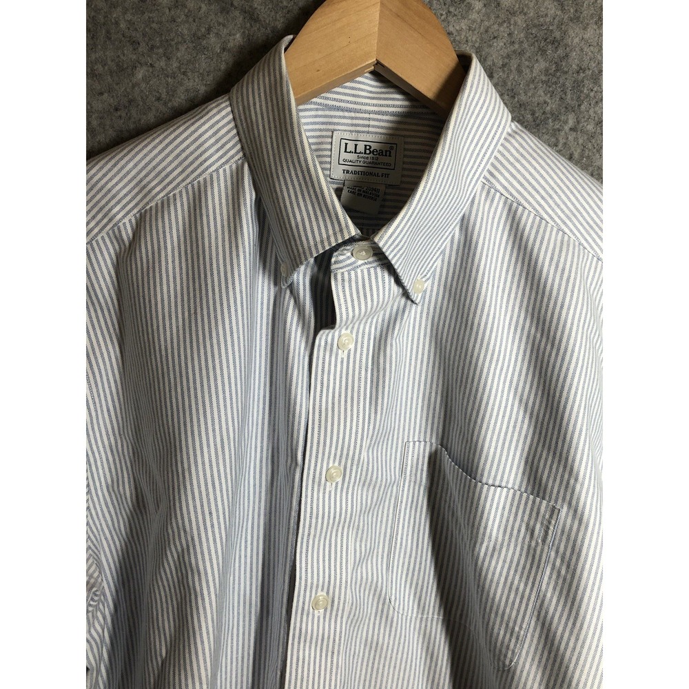 L.L. Bean Shirt Men 16 33 Blue Stripe Comfort Kennebunk Oxford Career Classic